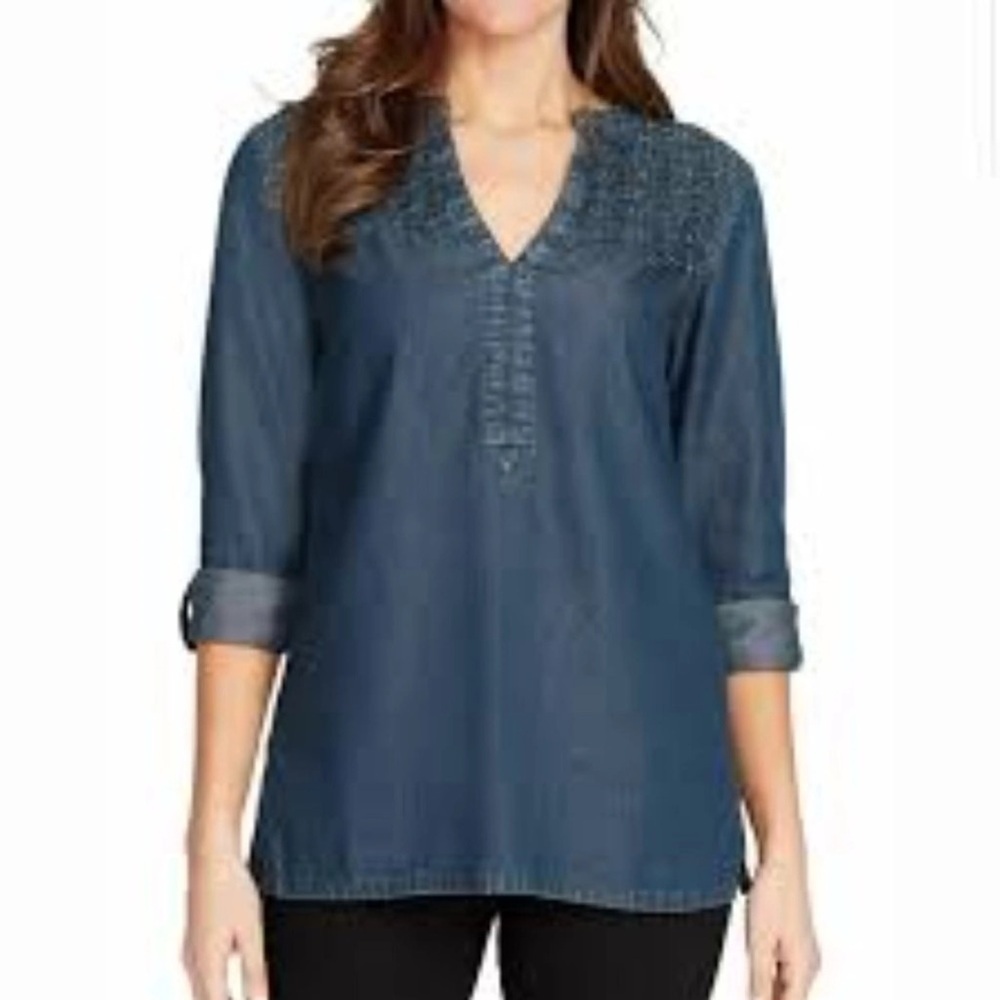 Bandolino Indigo Denim Cotton/Lyocell Boho Tunic V-Neck Beading Popover Top XL